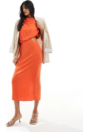 ASOS Linen sleeveless midi dress with cut out waist detail in