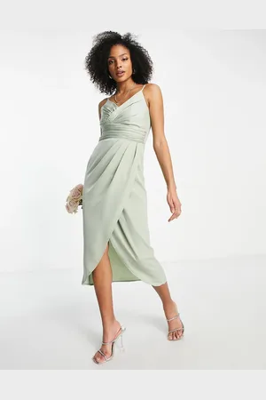 Little Mistress Bridesmaid satin wrap dress in sage