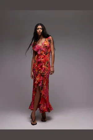Topshop Premium ruffle pintuck gown in red and orange floral