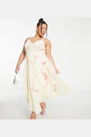 ASOS Curve embroidered applique cami midi dress in lemon
