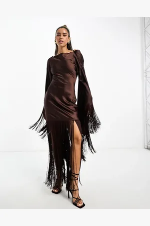 ASOS Satin flare sleeve mini dress with fringe detail in chocolate