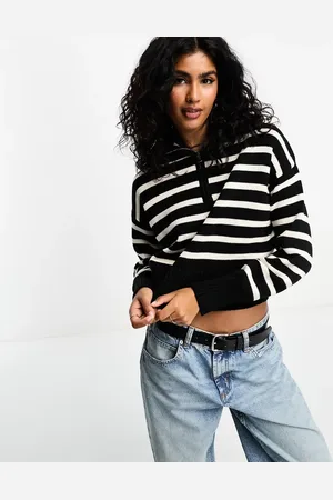Bershka Quarter zip oversized jumper in & white stripe