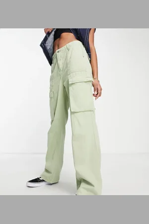 Bershka Petite straight leg cargo trouser in khaki