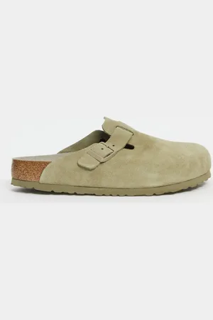 Birkenstock Boston mules in faded khaki suede