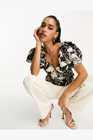French Connection Tailored mini peplum shirt with puff sleeve in and white