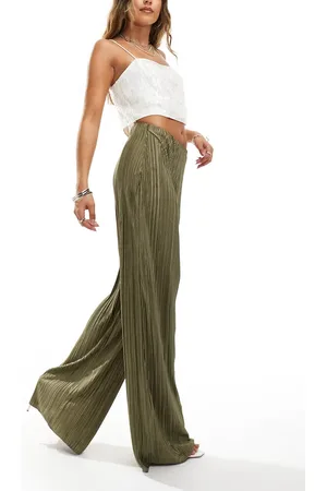 ASOS High waisted plisse straight leg trousers in soft khaki