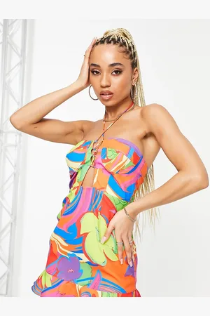AsYou Frill hem halter neck mini dress in abstract floral print