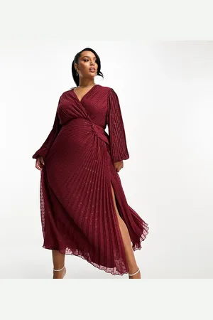 ASOS ASOS DESIGN Curve pleated metallic dobby chiffon wrap button detail maxi dress in burgundy