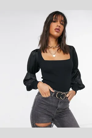 River Island Hybrid square neck jumper with satin sleeve in