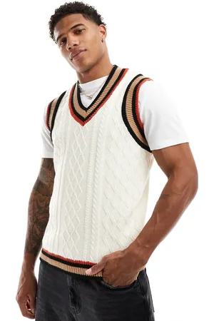 ASOS Knitted v neck tank in cable knit in ecru with tipping