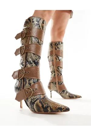 Public Desire Samurai kitten heel knee boots with buckles in snake