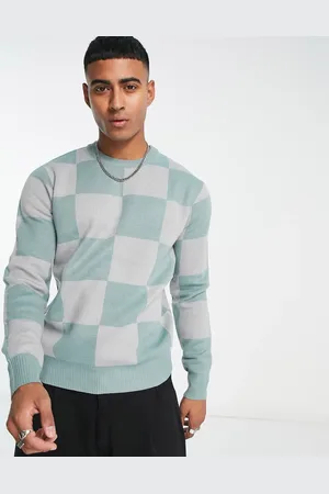 Devils Advocate Checkerboard crew neck jumper in blue and