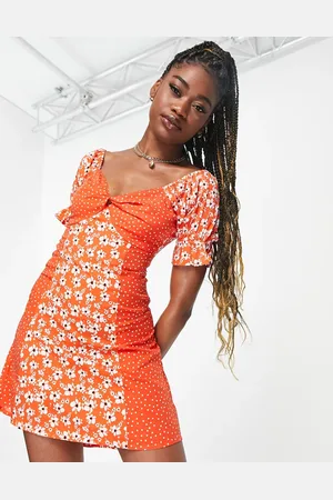 Influence Puff sleeve front tie mini dress in mixed floral