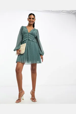 ASOS Button through ruched waist pleated mini dress in metallic dobby in soft khaki