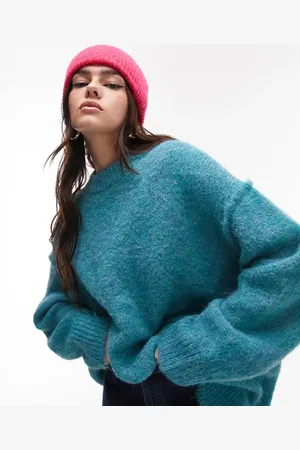 Topshop Knitted longline exposed seam fluffy crew neck jumper in teal