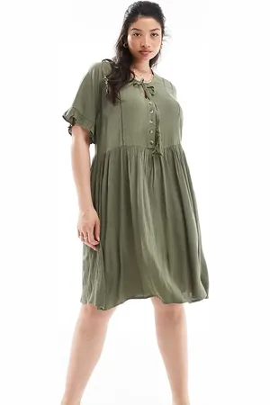 Yours Tie front midi dress in khaki
