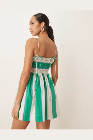 ASOS Shirred bust cotton poplin mini dress in green and lilac stripe