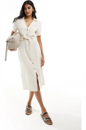 Stradivarius Linen look midi shirt dress in natural