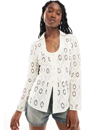 Reclaimed Western fitted broderie shirt in off