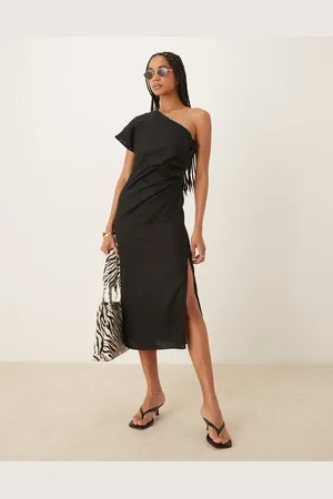 MANGO One shoulder ruched waist linen dress in