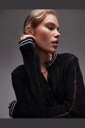 Topshop Knitted contrast tipping cable cardigan in mono