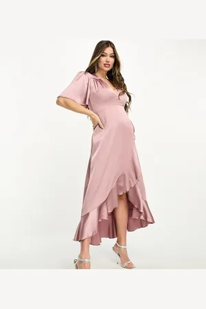Flounce London Wrap front satin midi dress with flutter sleeves in heather rose