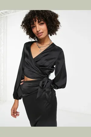 Flounce London Satin wrap front cropped satin blouse with balloon sleeves in co-ord