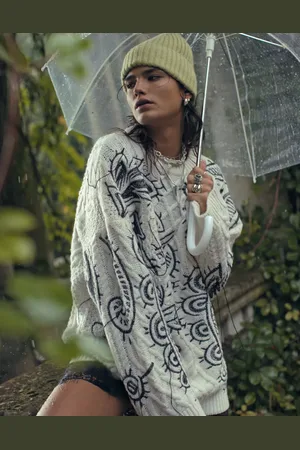 Topshop Knitted premium oversized cable embroidered jumper with tassels in black and ivory
