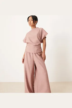 ASOS ASOS DESIGN Petite linen look open back and ruched detail jumpsuit in blush