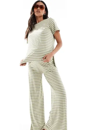 Mama;licious Mamalicious Maternity wide leg jersey trouser co-ord in khaki stripe