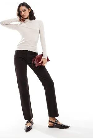 ONLY Lettuce edge high neck ribbed top in beige