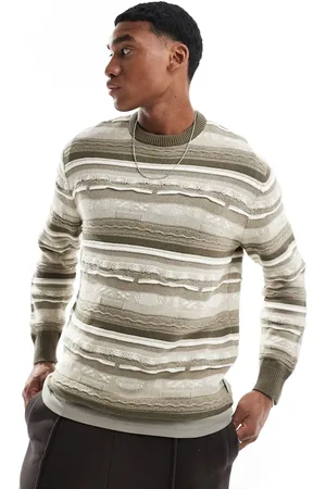 Only & Sons Crew neck multi texture jumper in beige stripe