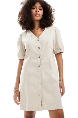 VERO MODA Denim button through v neck mini dress in stone