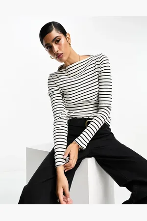 & OTHER STORIES Ribbed long sleeve boat neck top in off white and black stripe