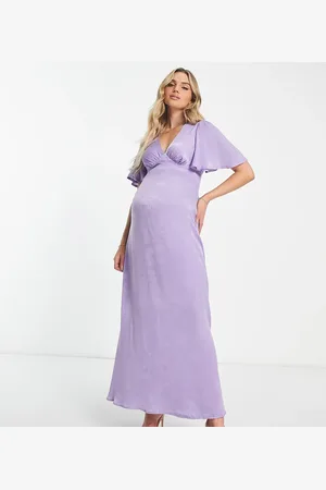 Flounce London Flutter sleeve maxi dress with plunge front in lilac satin