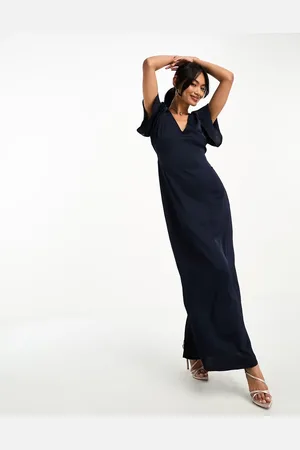 VILA Bridesmaid maxi dress with flutter sleeves and tie waist in