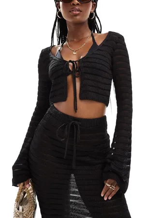 ASOS Stripe long sleeve tie front knit beach top in black