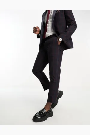 Harry Brown Slim fit cropped tartan suit trousers in navy & red