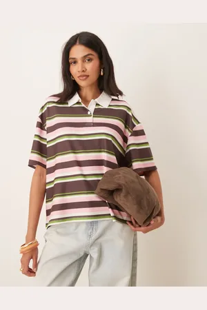 ASOS Short sleeve rugby collar tee in green and pink stripe