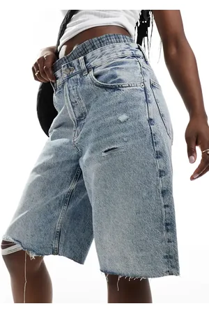 MANGO Longline raw hem denim shorts in light
