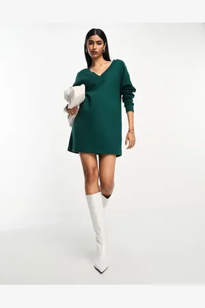 ASOS Supersoft slouchy v neck jumper mini dress in khaki