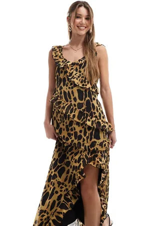 VERO MODA Ruffle trim chiffon maxi dress in natrual leopard print