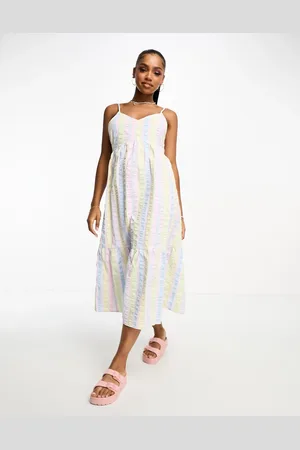 Pieces® Textured v-neck smock midi dress in pastel stripe