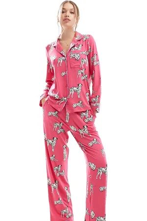 Chelsea Peers Exclusive jersey dalmation print button top and trouser pyjama set in hot