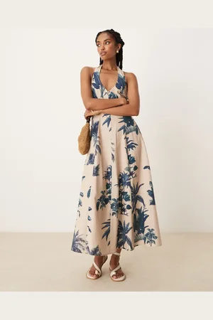 ASOS Halter midi dress with godet hem in palm print