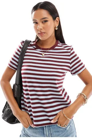 MANGO Striped t-shirt in burgundy and light blue