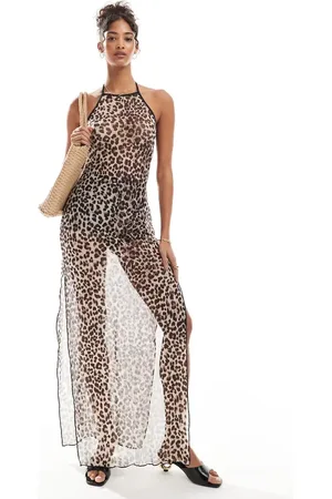 Pieces® Mesh halter neck maxi beach dress in leopard print
