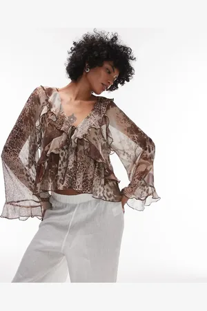 MANGO Mixed animal print flute sleeve blouse in