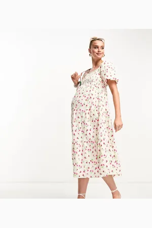 Influence Shirred puff sleeve tiered midi dress in white floral