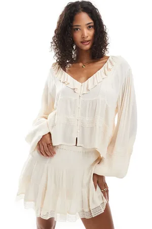 Pull&Bear Ruffle detail blouse with lace co-ord in ecru
